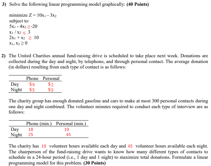 3) Solve the following linear programming model