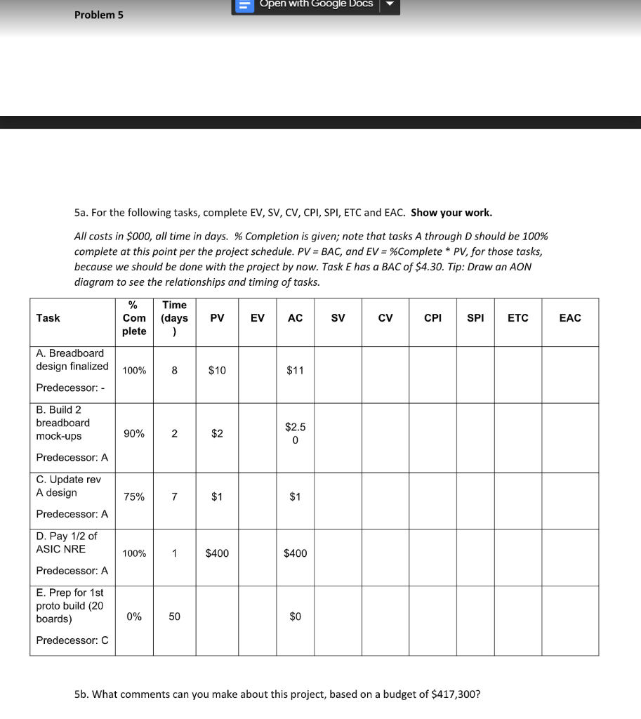 Open with Google Docs Problem 5 5a. For the
