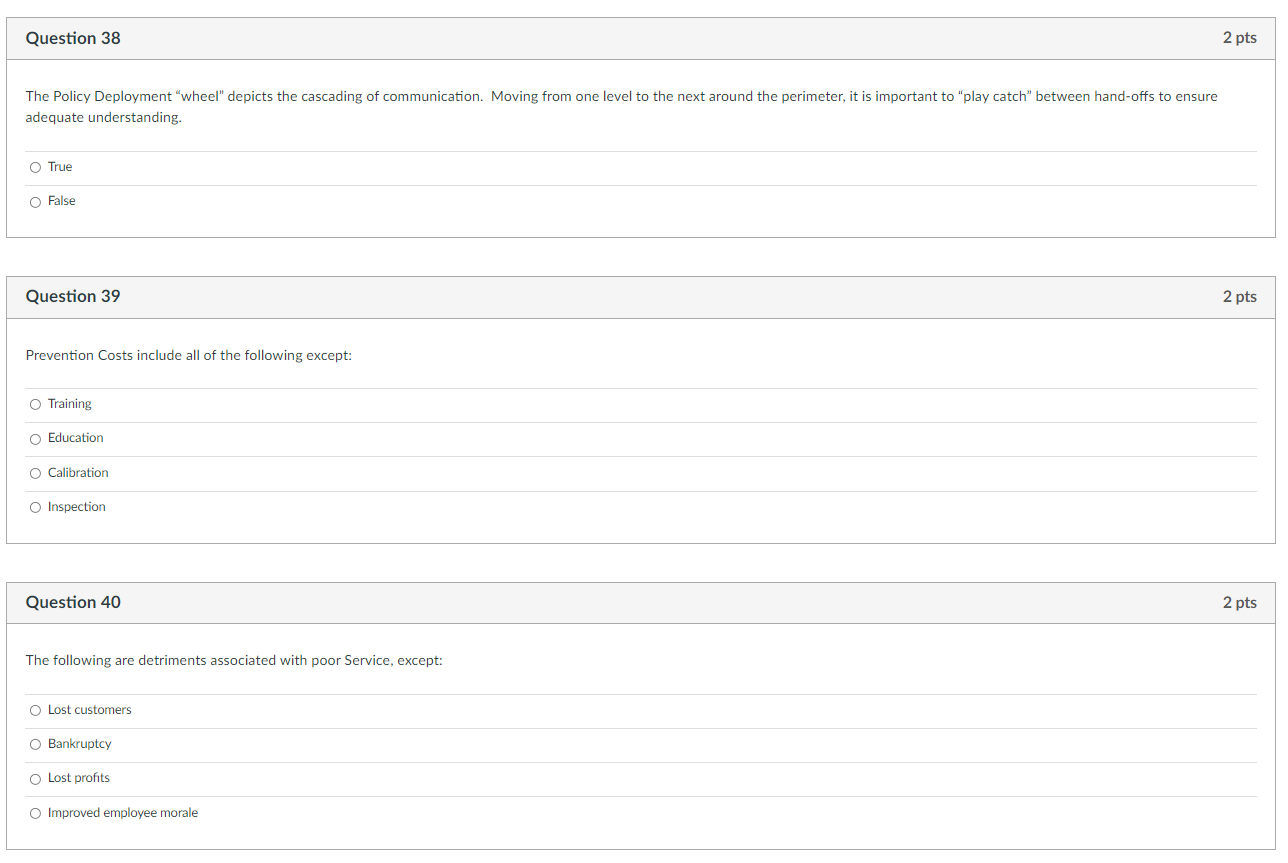 Question 38 2 pts The Policy Deployment "wheel"