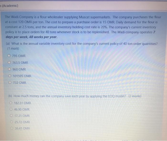 (Academic) The Wadi Company is a flour wholesaler