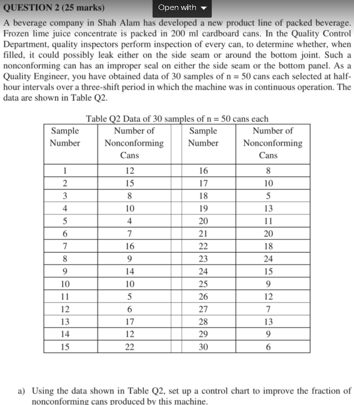QUESTION 2 (25 marks) Open with A beverage