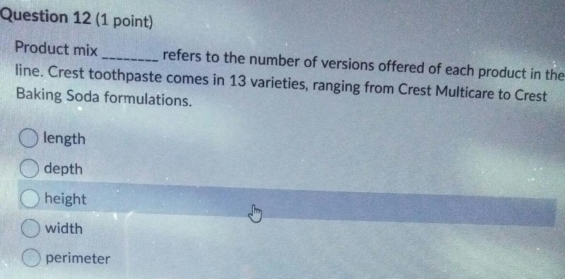Question 12 (1 point) Product mix refers to the
