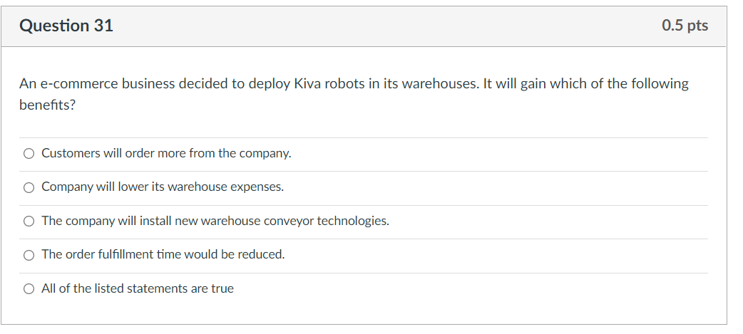 Question 31 0.5 pts An e-commerce business