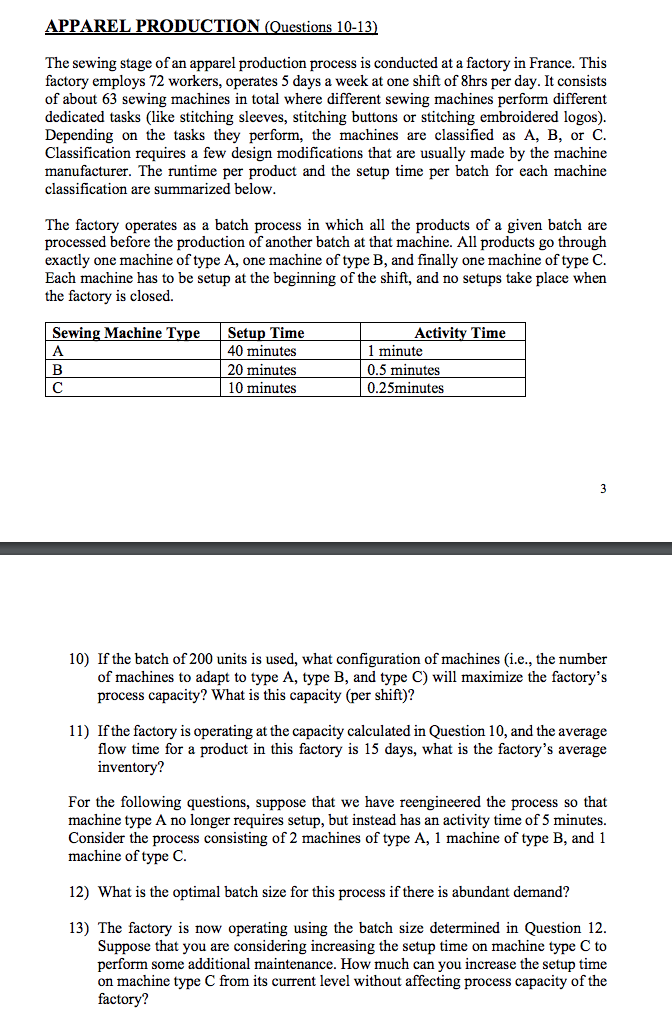APPAREL PRODUCTION (Questions 10-13) The sewing