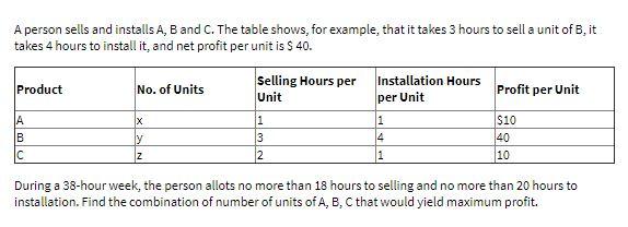 A person sells and installs A, B and C. The table