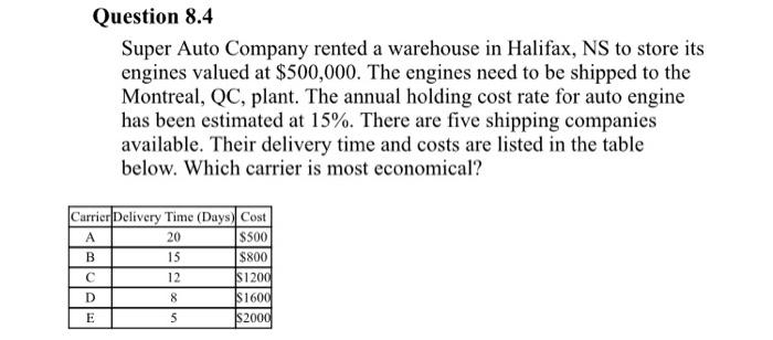 Question 8.4 Super Auto Company rented a