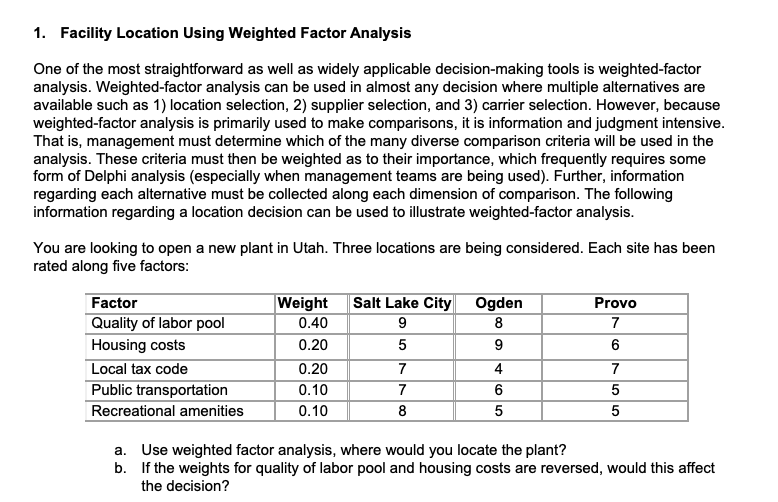 1. Facility Location Using Weighted Factor