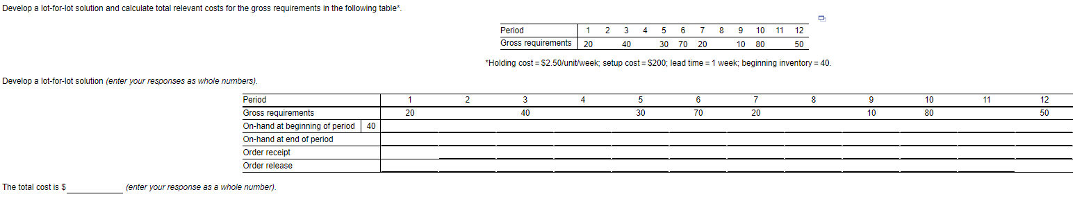 Develop a lot-for-lot solution and calculate