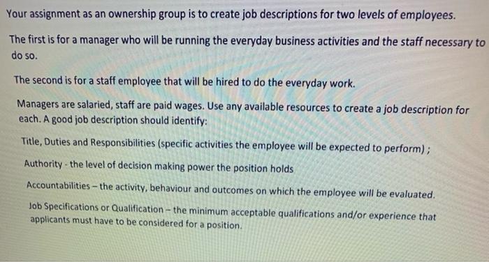 Your assignment as an ownership group is to