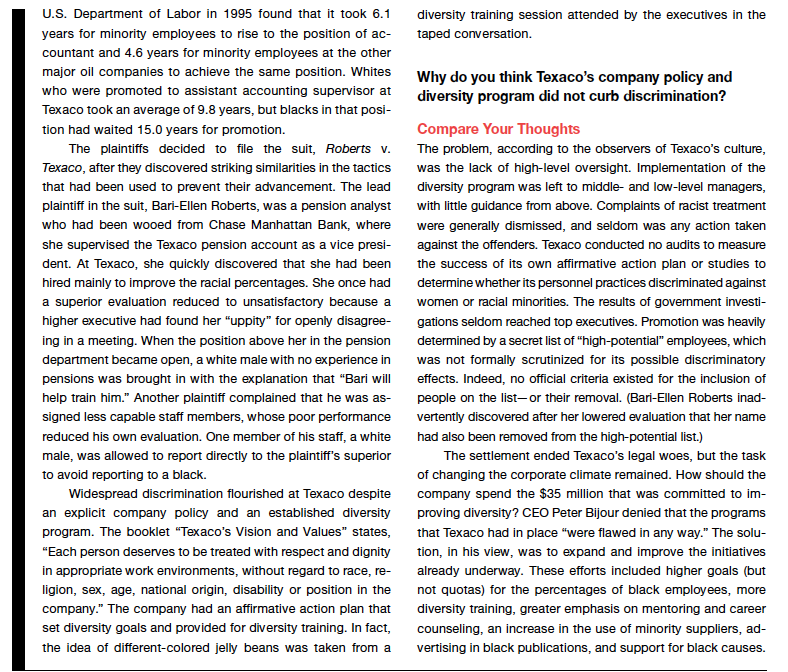 Using the case Race Discrimination at Texaco,