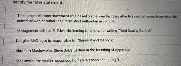 Identify the false statement. The human relations