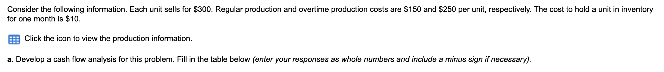 Consider the following information. Each unit