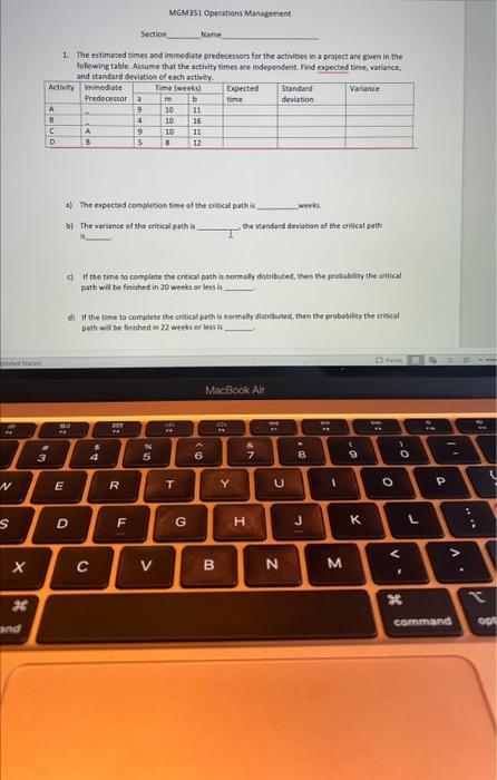 1. The estimated tumes and inmediate predecessors