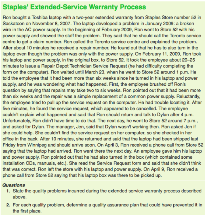 1. State the Quality problems incurred during the