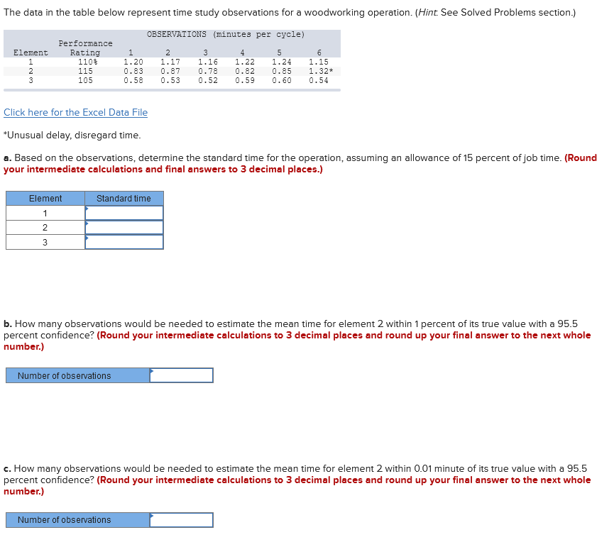 The data in the table below represent time study