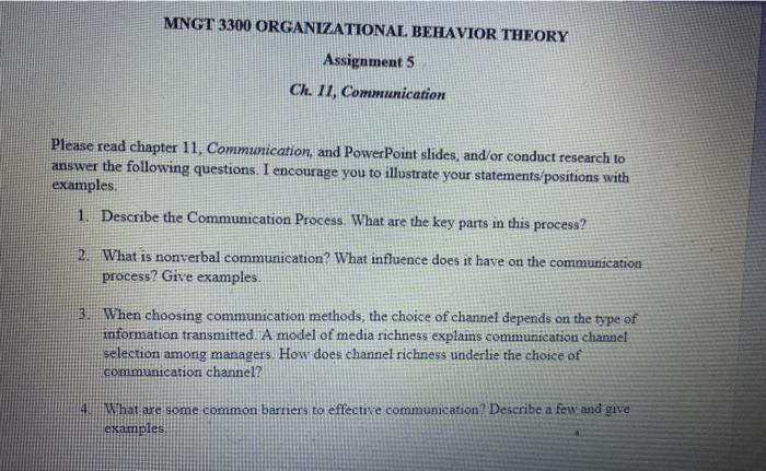 MNGT 3300 ORGANIZATIONAL BEHAVIOR THEORY