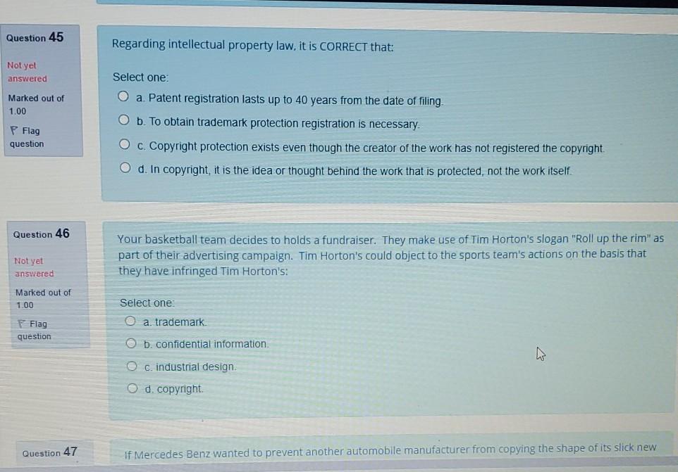 Question 45 Regarding intellectual property law,