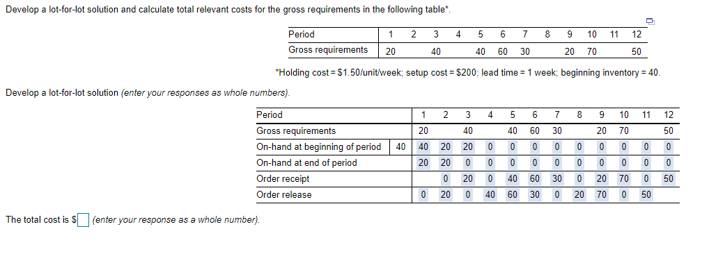 Develop a lot-for-lot solution and calculate
