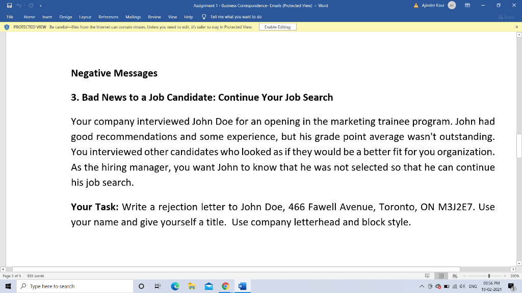 Assignment 1 - Business Correspondence- Emails