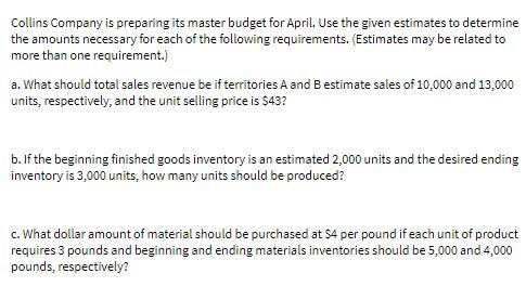 Collins Company is preparing its master budget