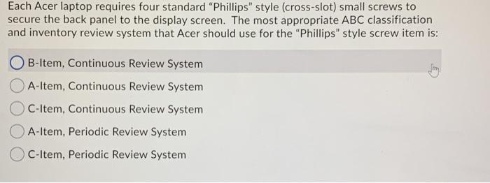 Each Acer laptop requires four standard