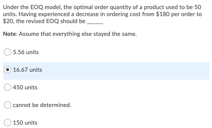 Under the EOQ model, the optimal order quantity