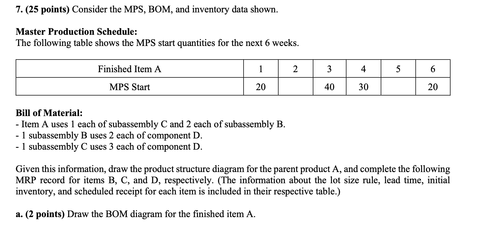 7. (25 points) Consider the MPS, BOM, and