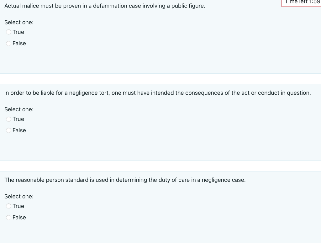 Please answer all Time left 1:59 Actual malice
