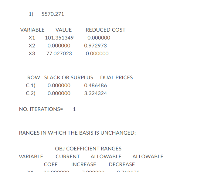 1) 5570.271 VARIABLE VALUE X1 101.351349 X2