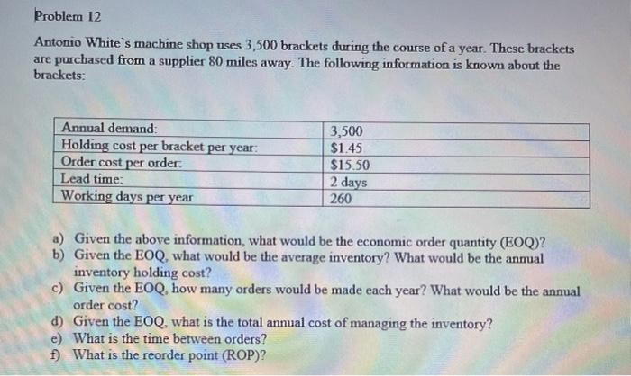 Problem 12 Antonio White's machine shop uses