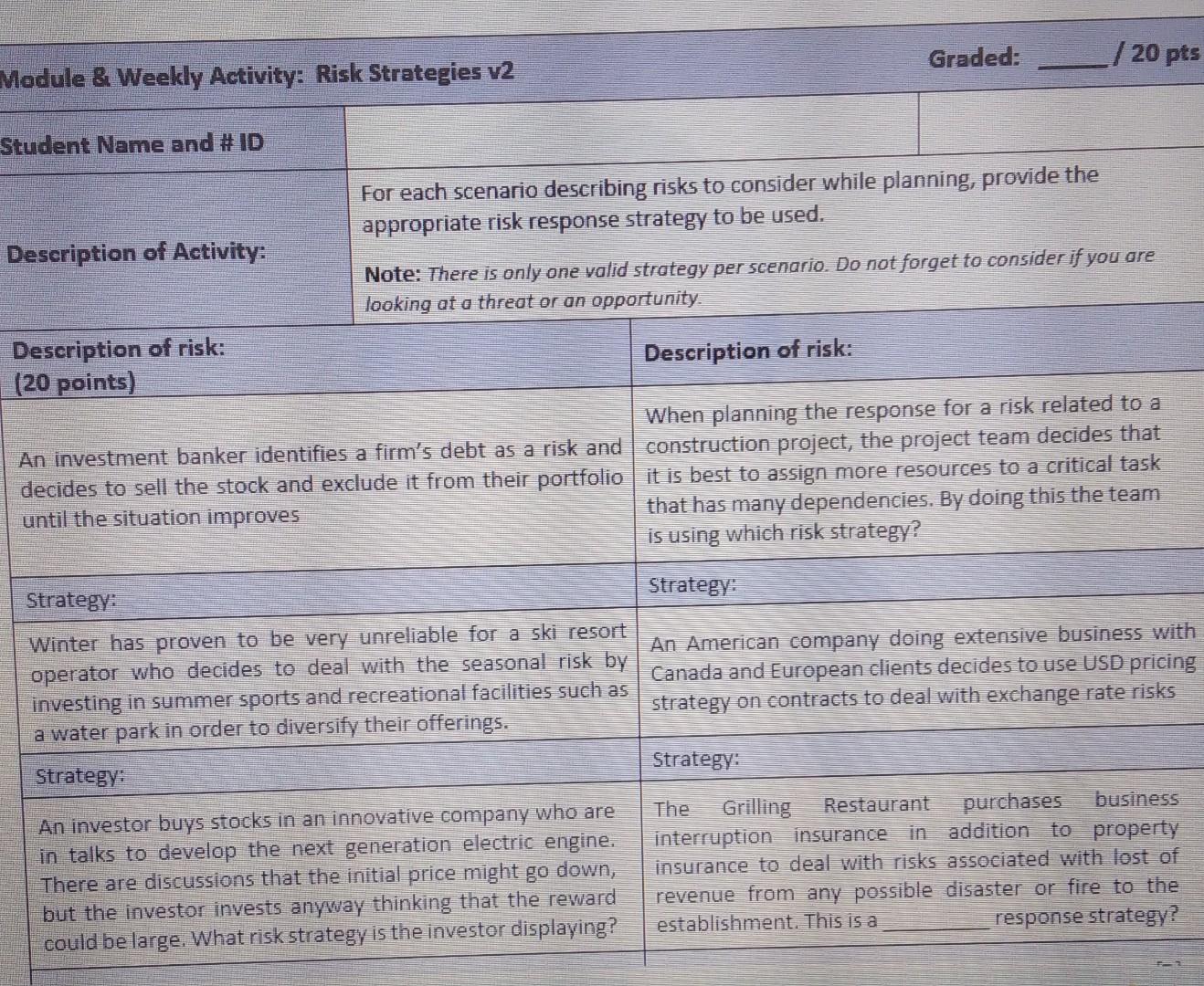 Graded: / 20 pts Module & Weekly Activity: Risk