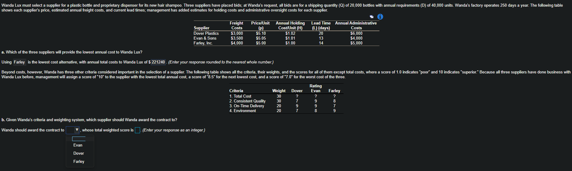 Wanda Lux must select a supplier for a plastic