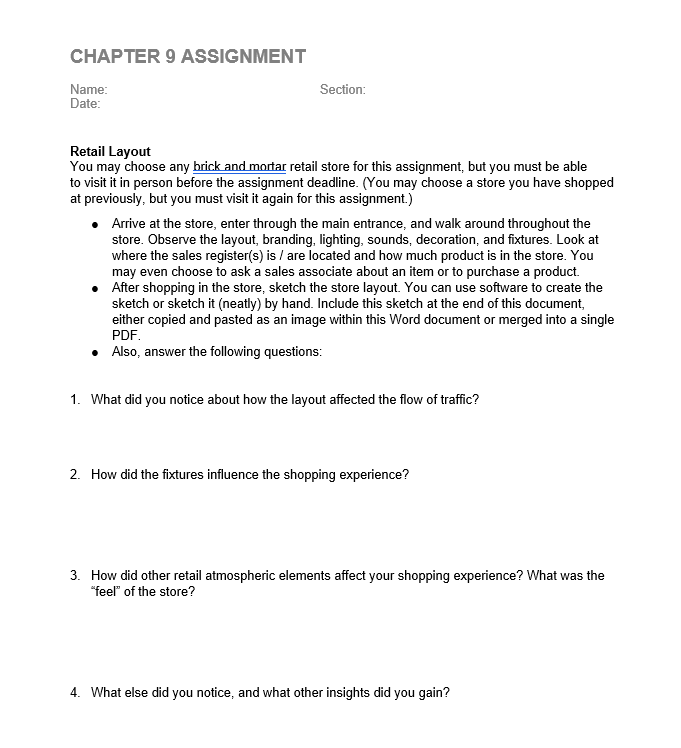 CHAPTER 9 ASSIGNMENT Section: Name: Date: Retail