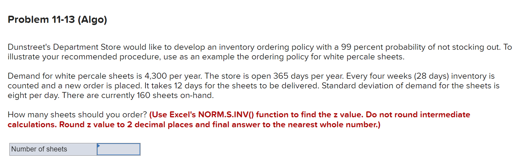 Problem 11-13 (Algo) Dunstreet's Department Store