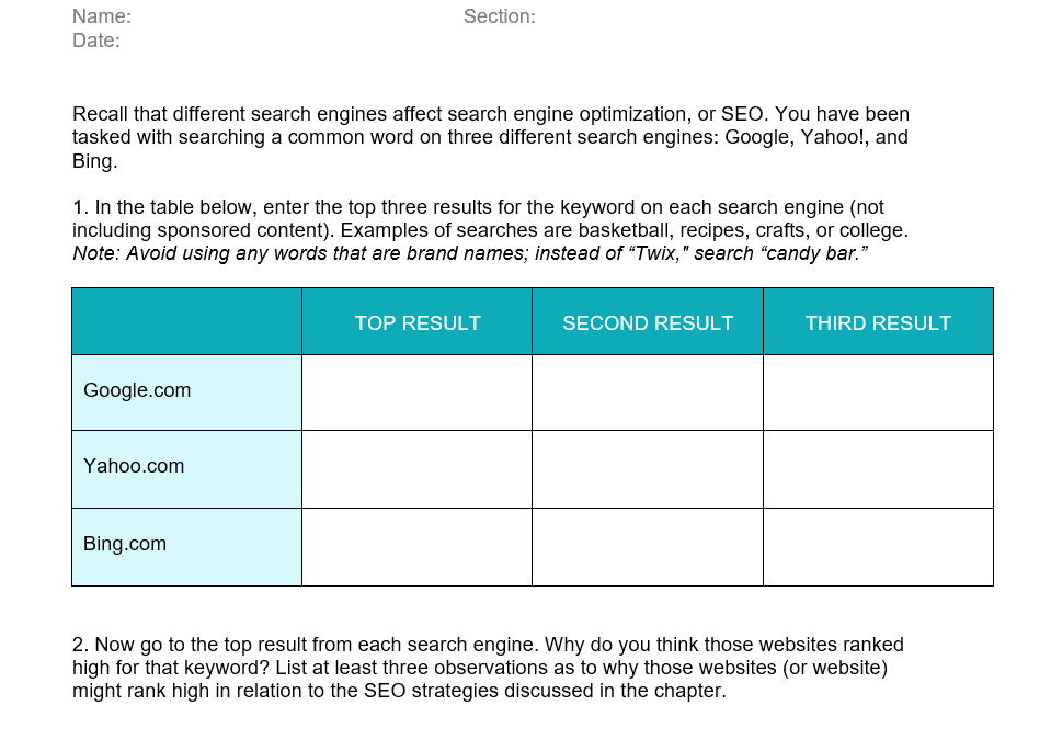 Section: Name: Date: Recall that different search