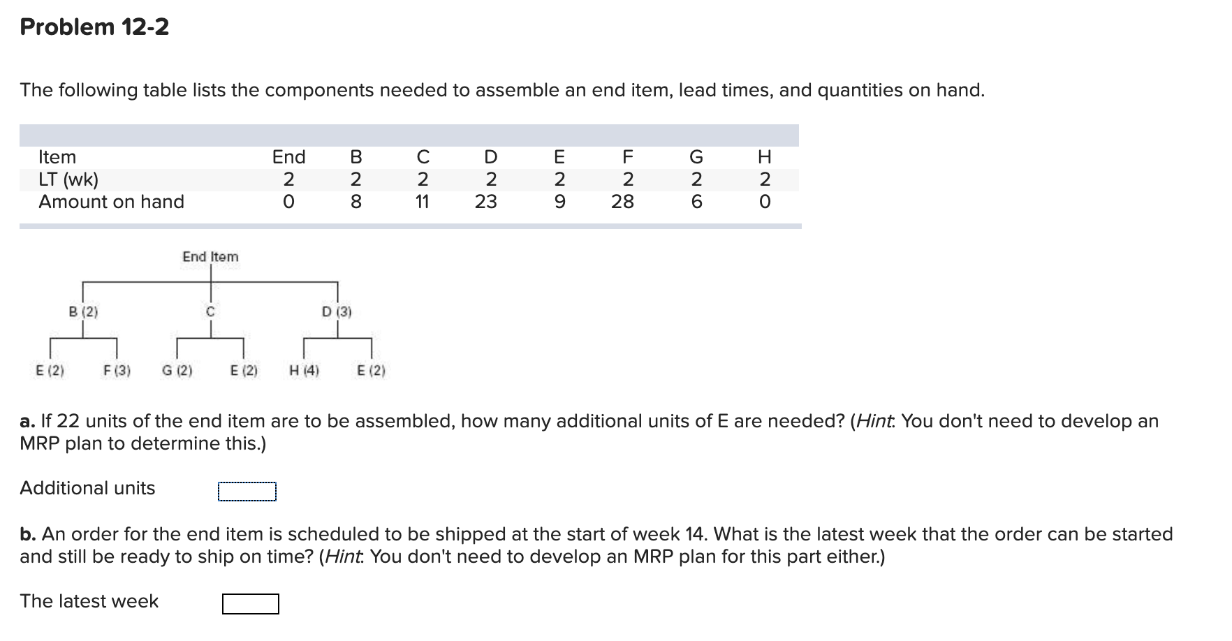 Problem 12-2 The following table lists the
