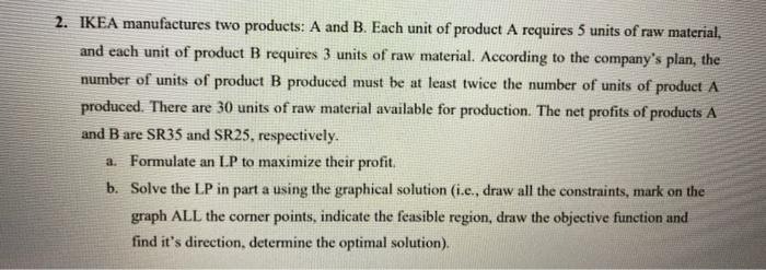 2. IKEA manufactures two products: A and B. Each