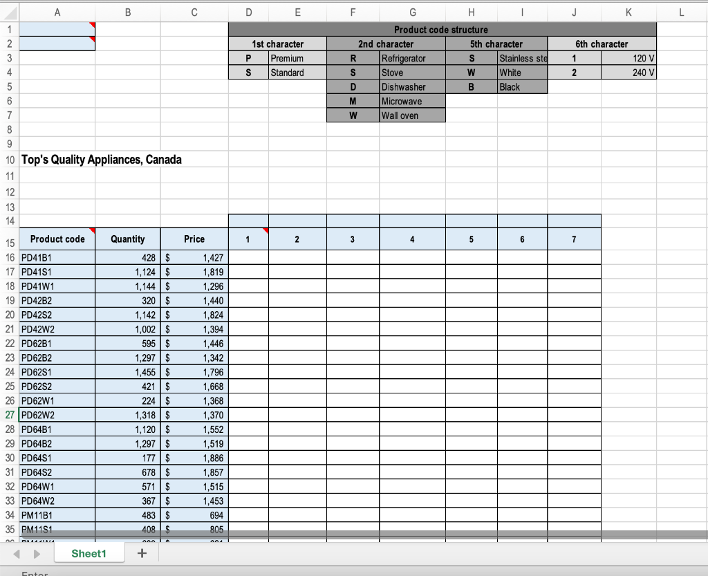 In J16: Use the product code breakdown provided