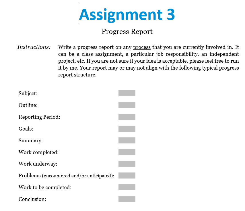 Assignment 3 Progress Report Instructions: Write