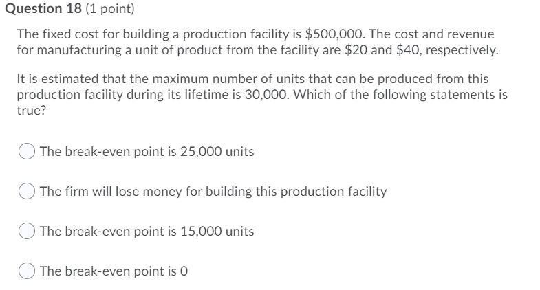 Question 18 (1 point) The fixed cost for building