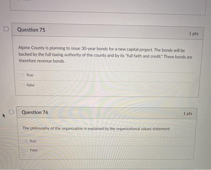 Question 75 1 pts Alpine County is planning to