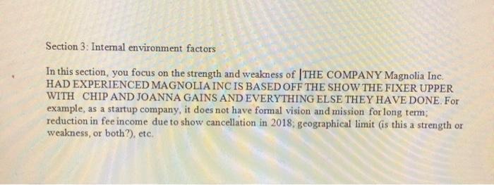 Section 3: Internal environment factors In this