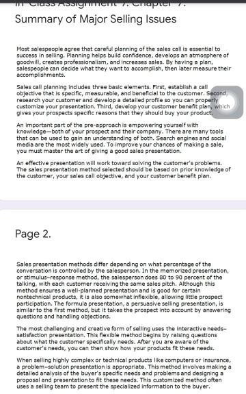 CONS7.5signment Chapt. Summary of Major Selling
