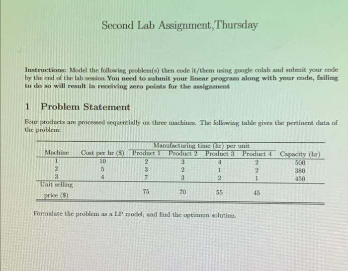 Second Lab Assignment, Thursday Instructions: