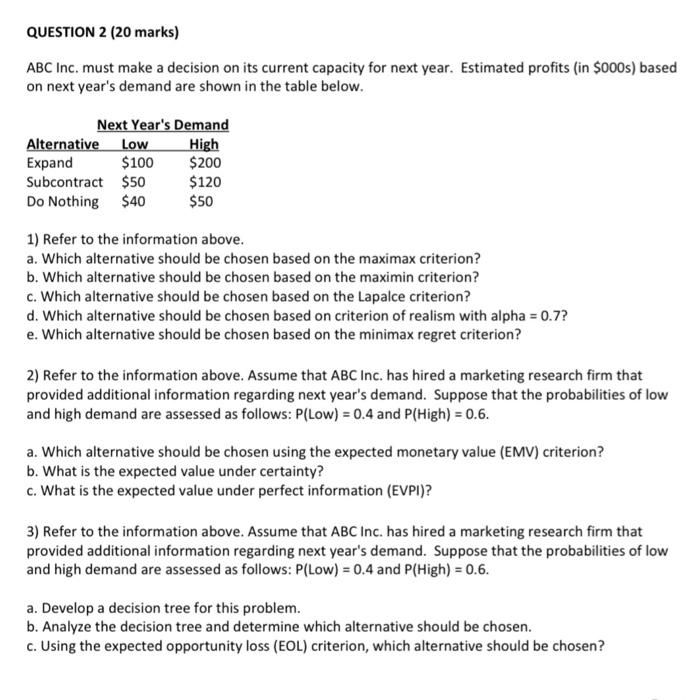 QUESTION 2 (20 marks) ABC Inc. must make a