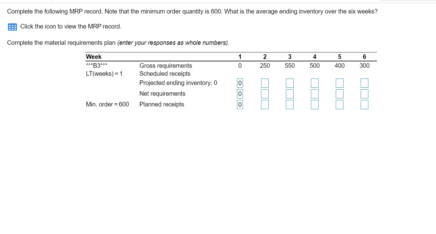Complete the following MRP record. Note that the