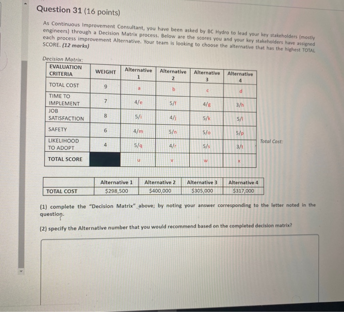 Question 31 (16 points) As Continuous Improvement