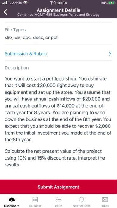 ..1 T-Mobile TF10:04 94% E Assignment Details
