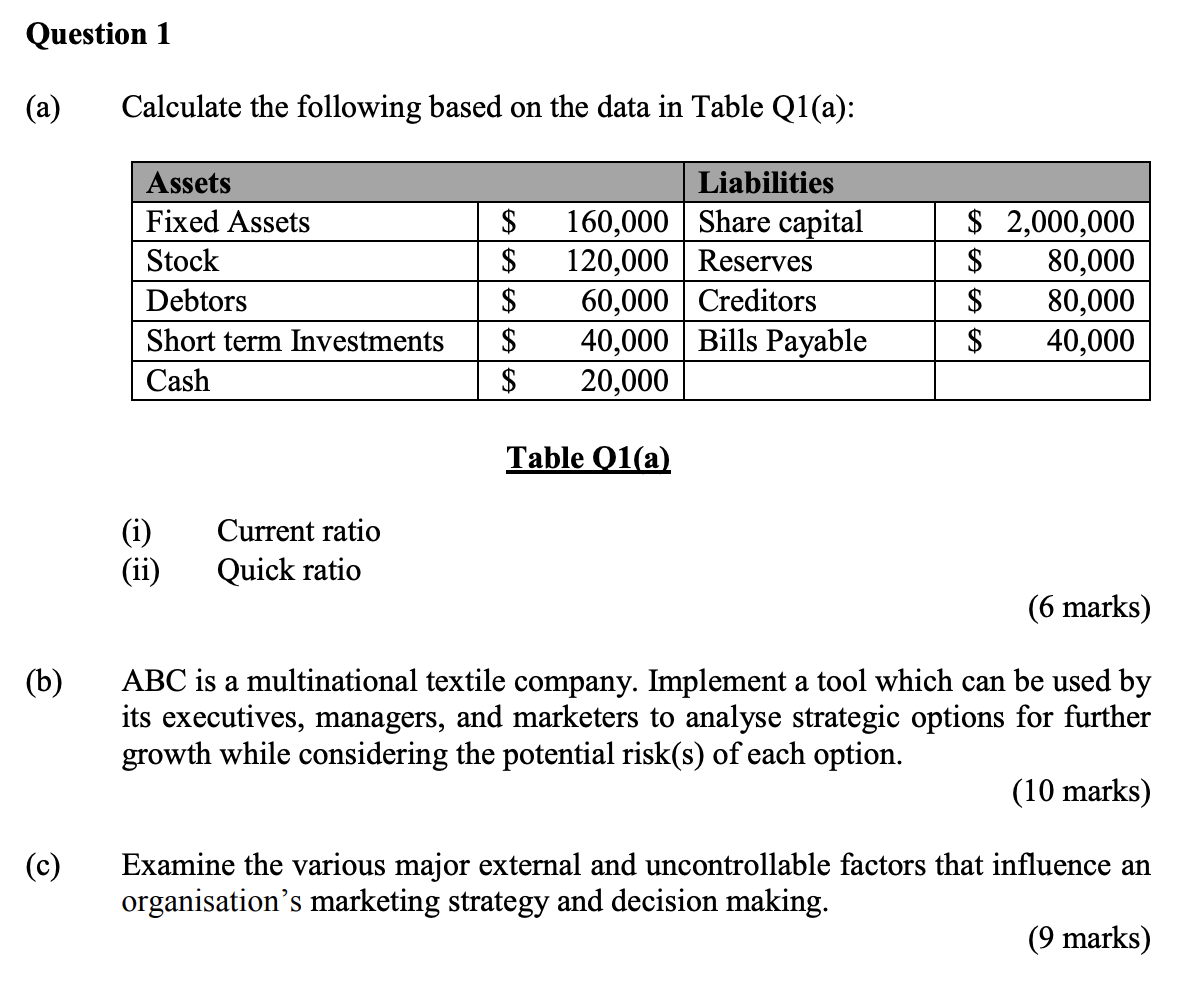 Question 1 (a) Calculate the following based on