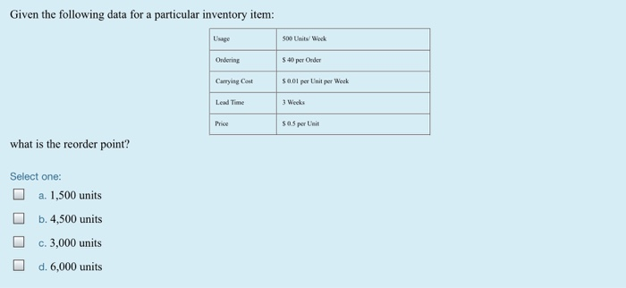 Given the following data for a particular